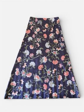 LOFT Navy A-Line Skirt with Pink & White Floral Embroidery